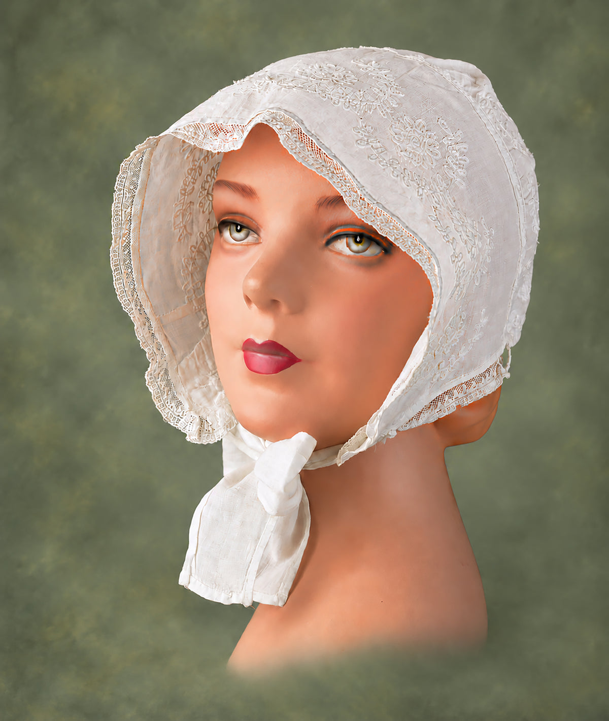 Early 19th-Century American New England Linen Day Bonnet or Morning Cap, Hand Embroidered, First Half 19th Century, *Free Shipping
