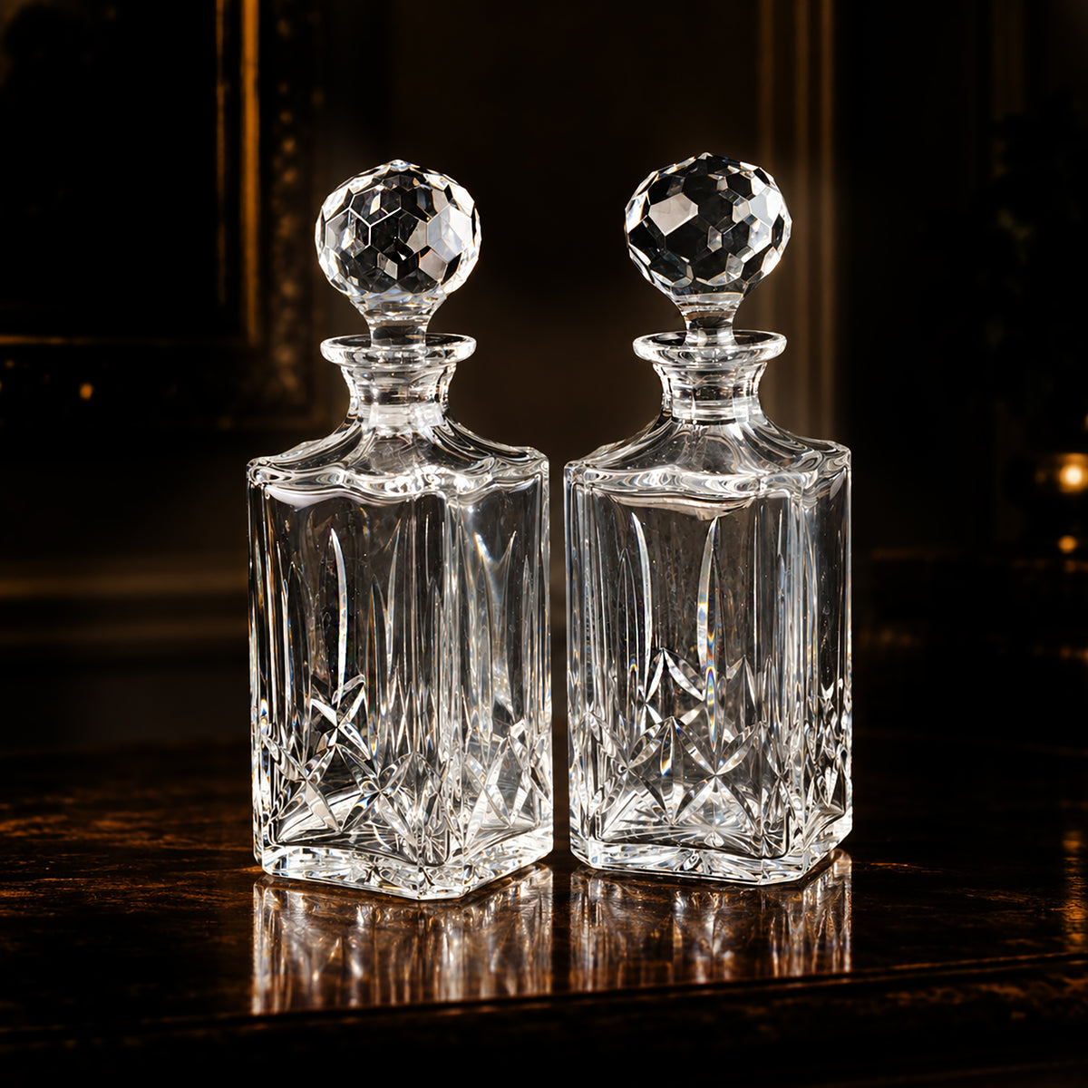 Mid-Century Cut Crystal Whiskey, Bourbon, or Other Aged Spirit Alcohol Decanter Set with Prism-Like Faceted Crystal Stoppers, *Free Shipping