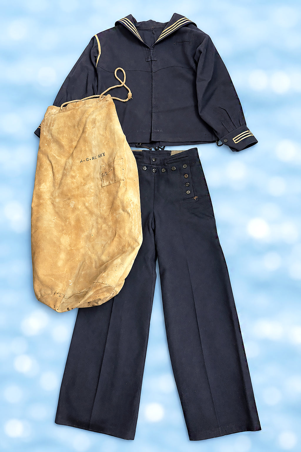 World War I U.S. Navy Gunner’s Mate First Class Uniform with Duffel Bag and Family Photograph of the Soldier Named Adrain, Dated 1917-1919, *Free Shipping