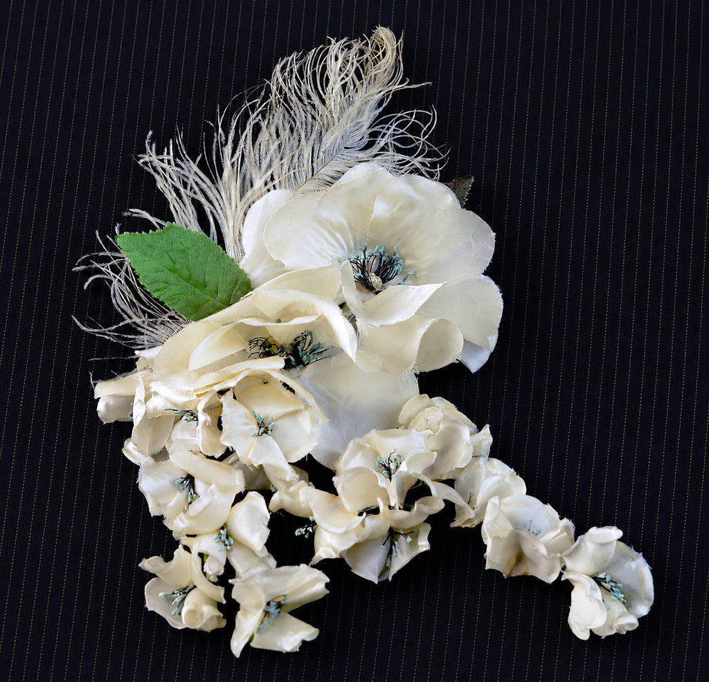 Vintage 1940s Silk Magnolia Millinery Trims with Ivory Ostrich Plume *Free Shipping