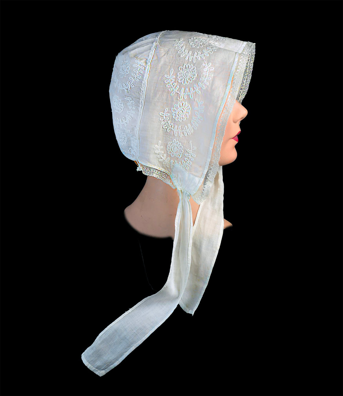 Early 19th-Century American New England Linen Day Bonnet or Morning Cap, Hand Embroidered, First Half 19th Century, *Free Shipping