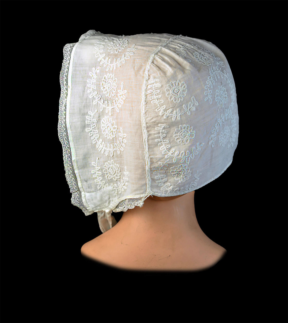 Early 19th-Century American New England Linen Day Bonnet or Morning Cap, Hand Embroidered, First Half 19th Century, *Free Shipping