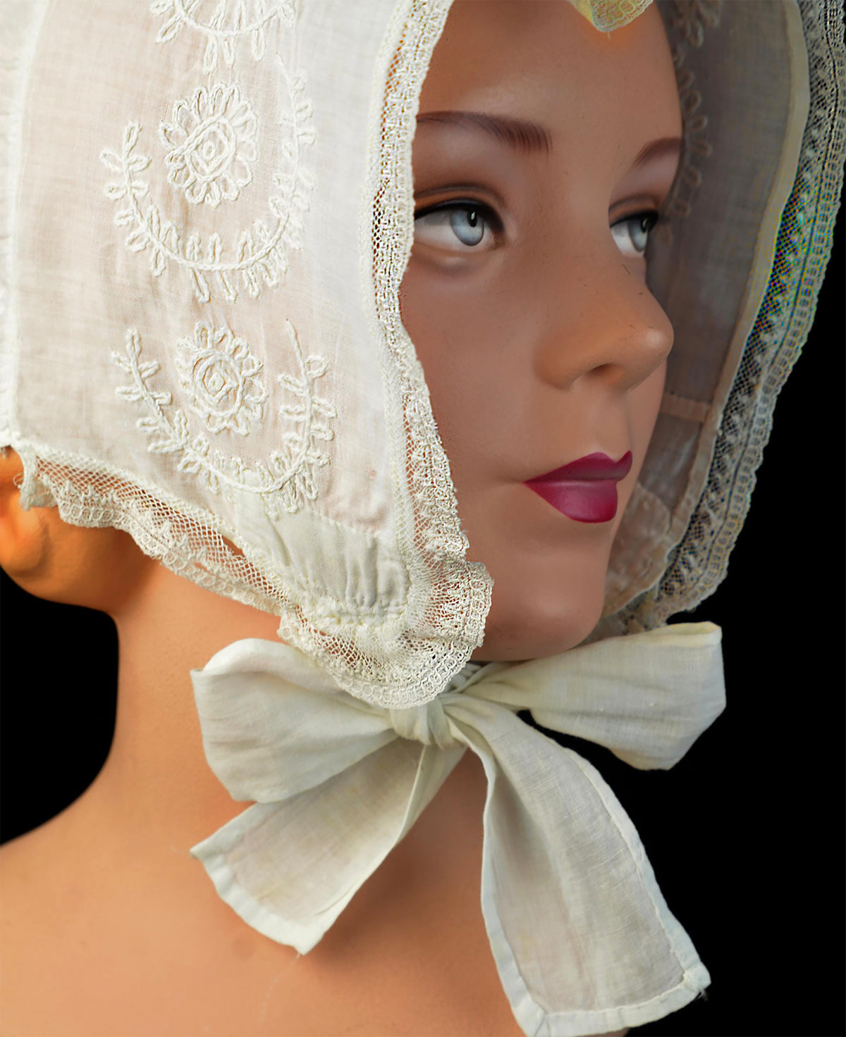 Early 19th-Century American New England Linen Day Bonnet or Morning Cap, Hand Embroidered, First Half 19th Century, *Free Shipping