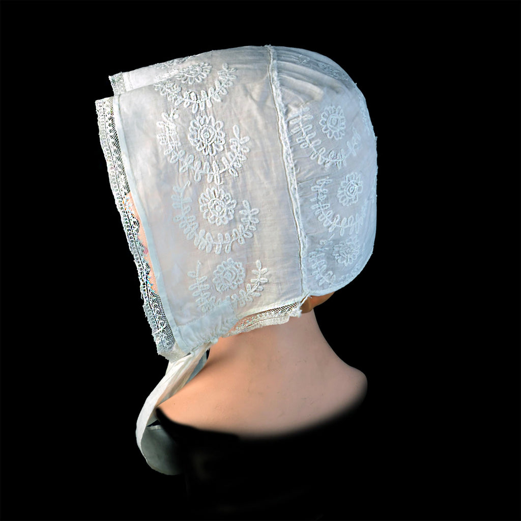 Early 19th-Century American New England Linen Day Bonnet or Morning Cap, Hand Embroidered, First Half 19th Century, *Free Shipping