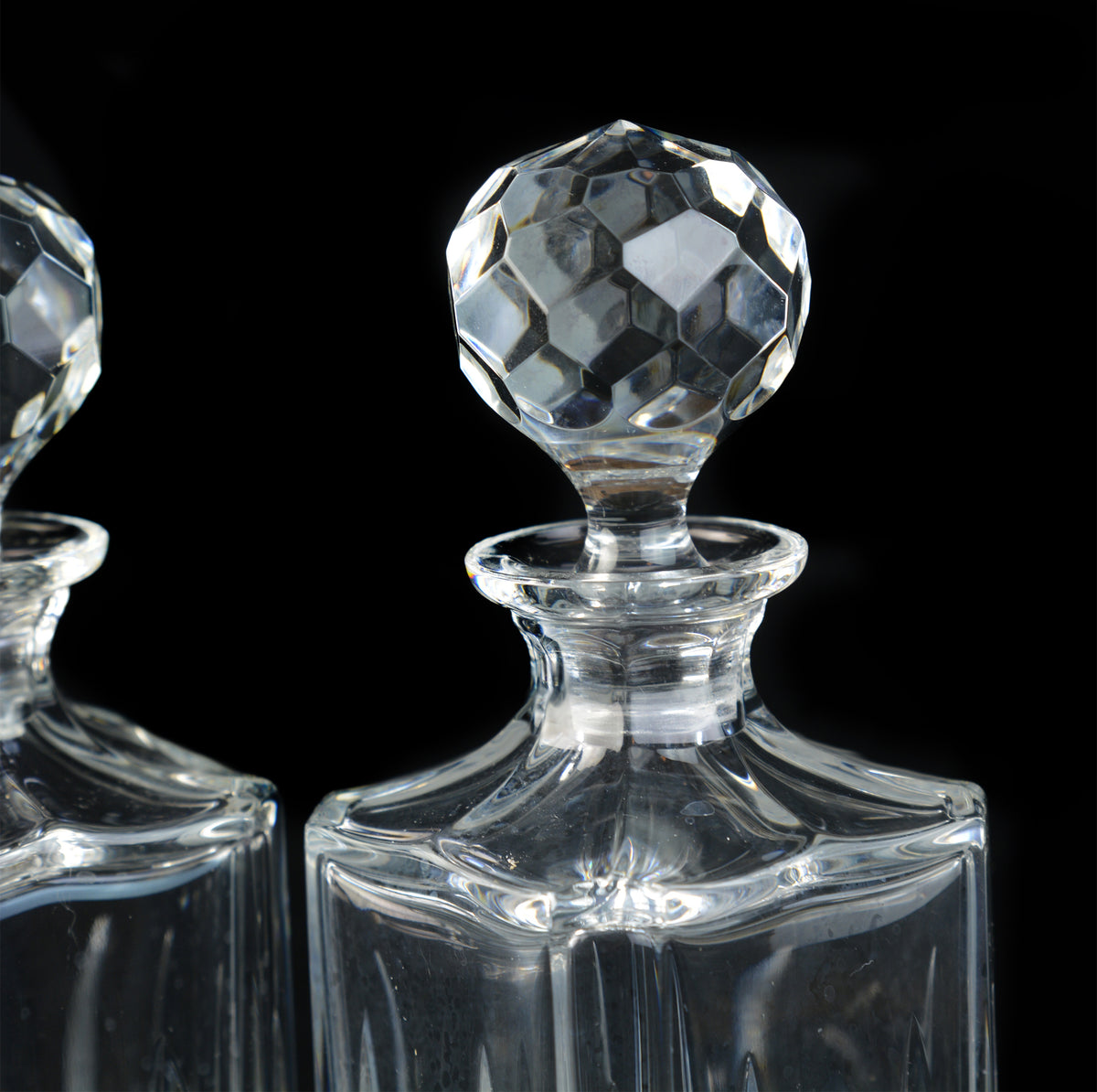 Mid-Century Cut Crystal Whiskey, Bourbon, or Other Aged Spirit Alcohol Decanter Set with Prism-Like Faceted Crystal Stoppers, *Free Shipping