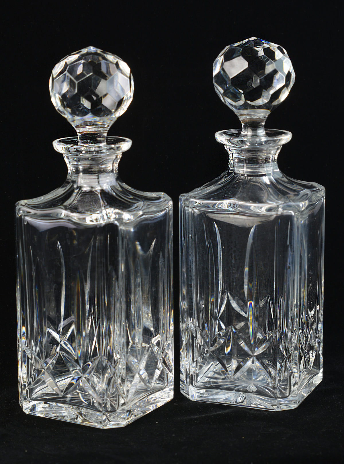 Mid-Century Cut Crystal Whiskey, Bourbon, or Other Aged Spirit Alcohol Decanter Set with Prism-Like Faceted Crystal Stoppers, *Free Shipping