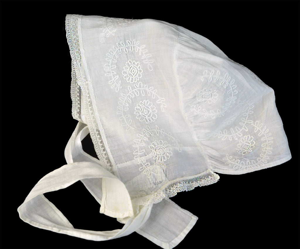 Early 19th-Century American New England Linen Day Bonnet or Morning Cap, Hand Embroidered, First Half 19th Century, *Free Shipping