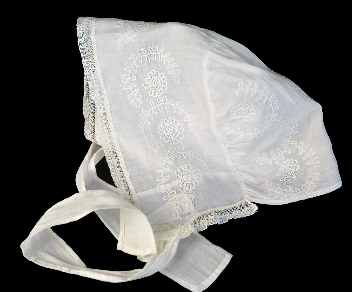 Early 19th-Century American New England Linen Day Bonnet or Morning Cap, Hand Embroidered, First Half 19th Century, *Free Shipping