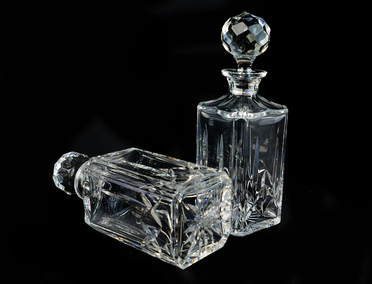 Mid-Century Cut Crystal Whiskey, Bourbon, or Other Aged Spirit Alcohol Decanter Set with Prism-Like Faceted Crystal Stoppers, *Free Shipping