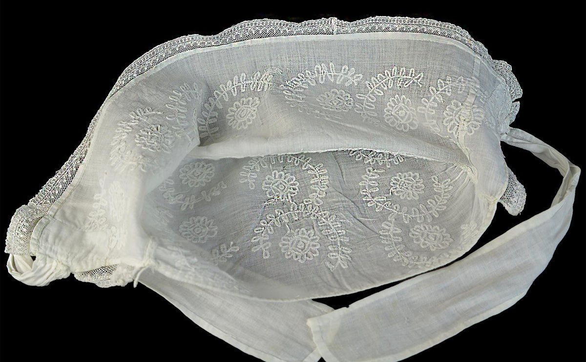 Early 19th-Century American New England Linen Day Bonnet or Morning Cap, Hand Embroidered, First Half 19th Century, *Free Shipping