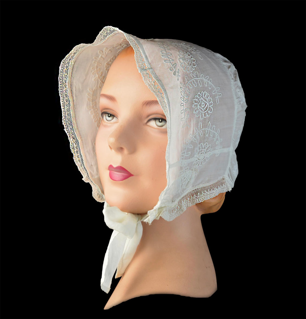 Early 19th-Century American New England Linen Day Bonnet or Morning Cap, Hand Embroidered, First Half 19th Century, *Free Shipping