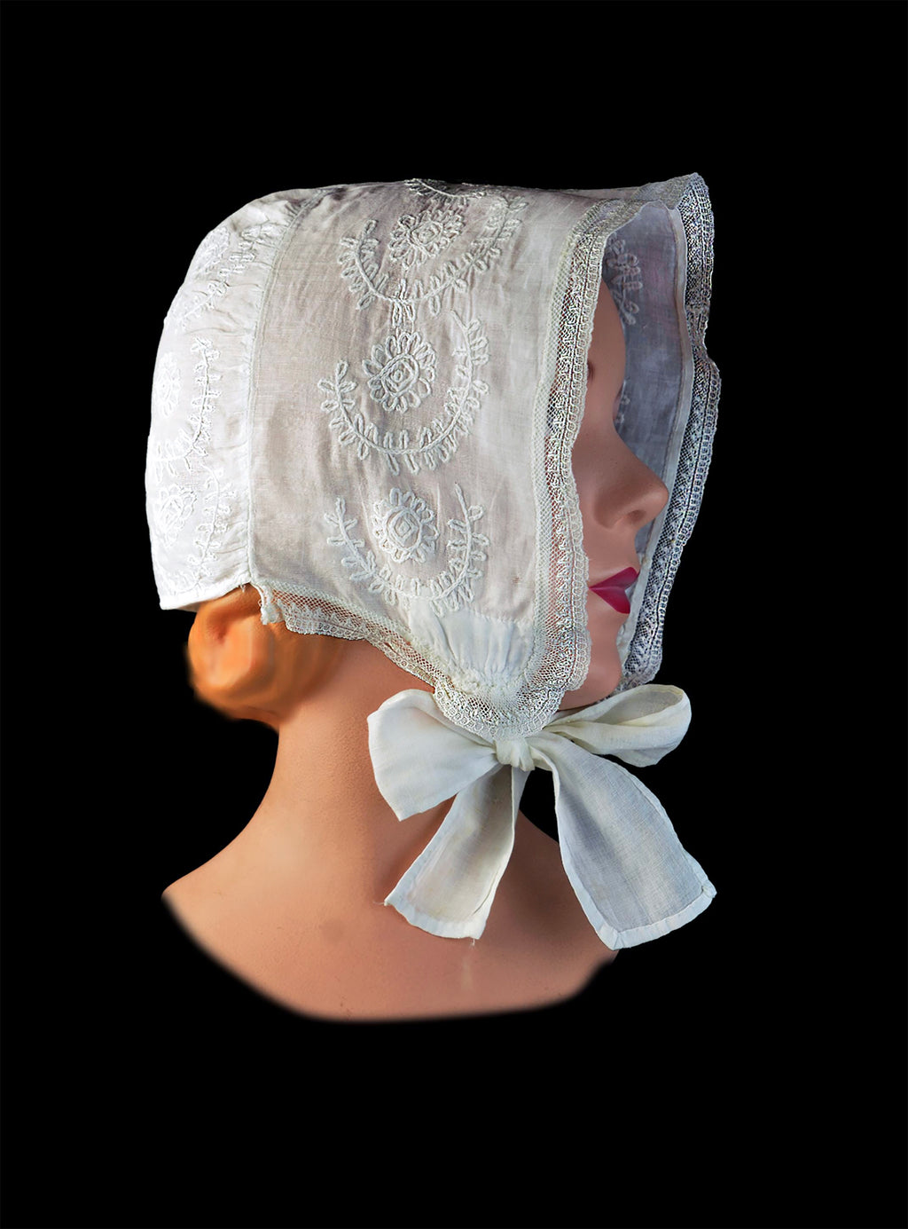 Early 19th-Century American New England Linen Day Bonnet or Morning Cap, Hand Embroidered, First Half 19th Century, *Free Shipping