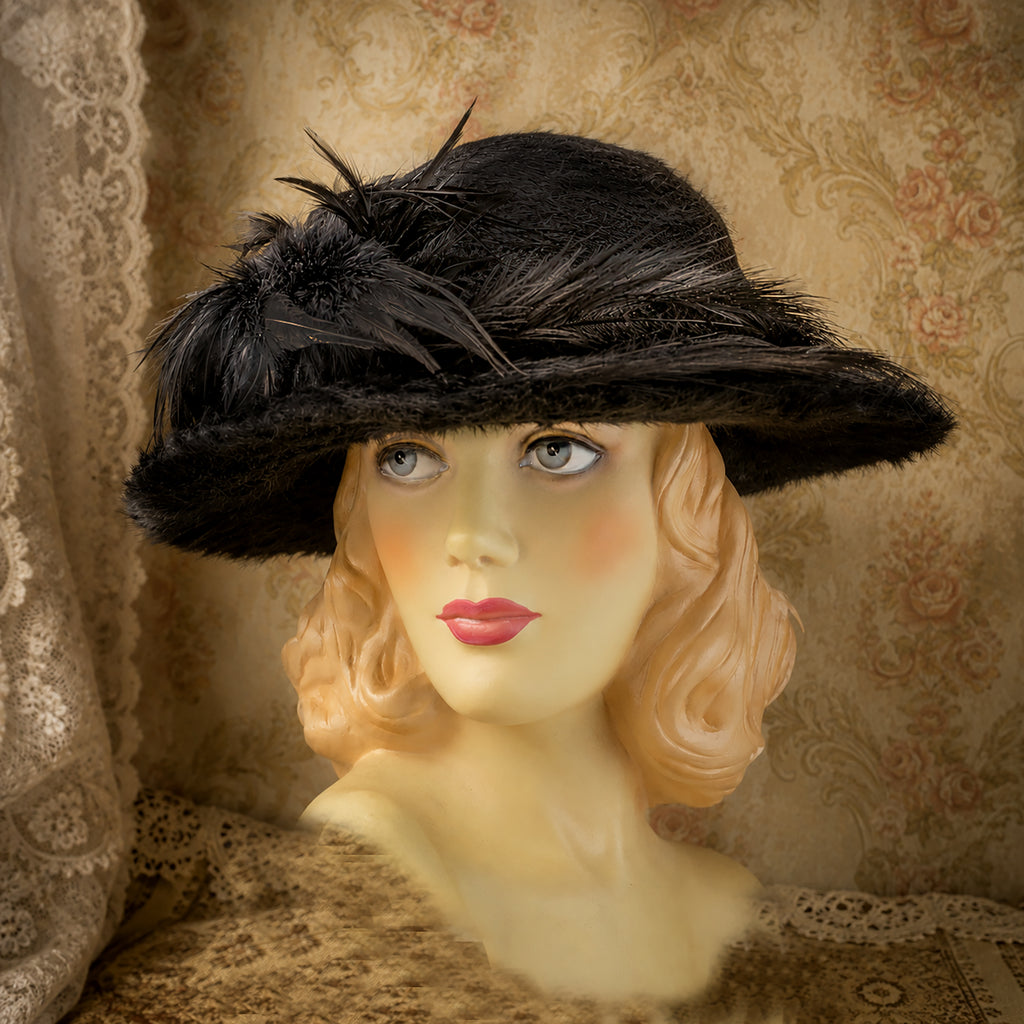 Rare Antique 1910s Plush Beaver Hat | Original Feather Trim | Precisely Dated 1912–1915  *Free Shipping