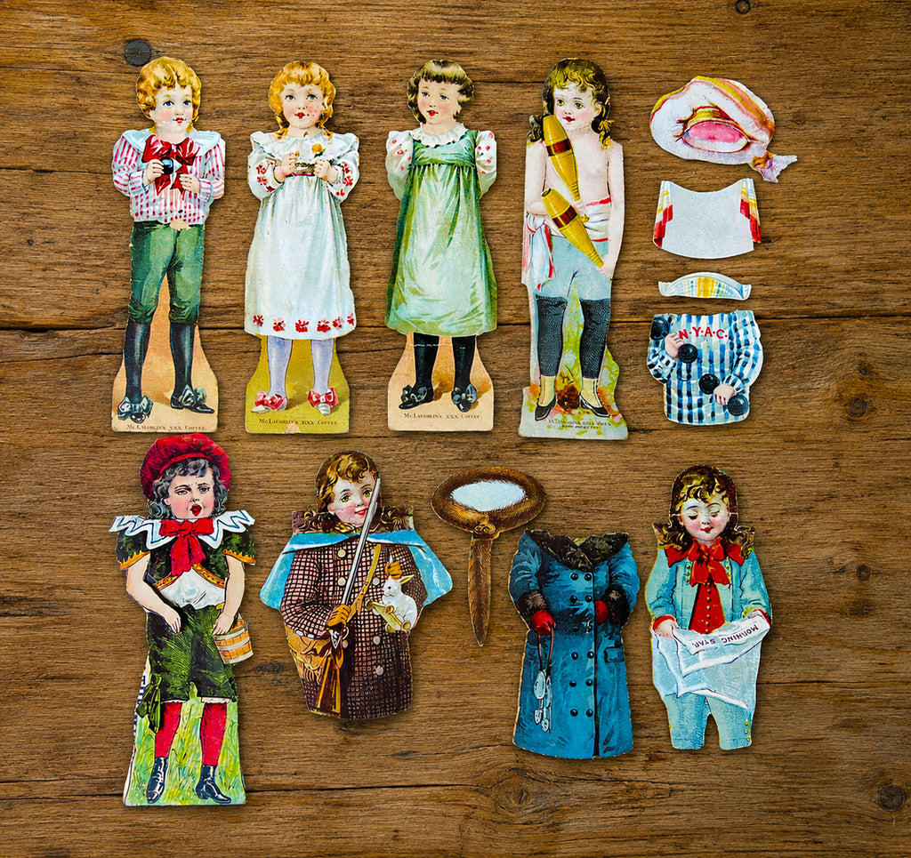 Rare Victorian Advertising Paper Dolls | Complete McLaughlin Coffee & Hershey's Chocolate 13-Piece Lithographed Set | c. 1890 *Free Shipping