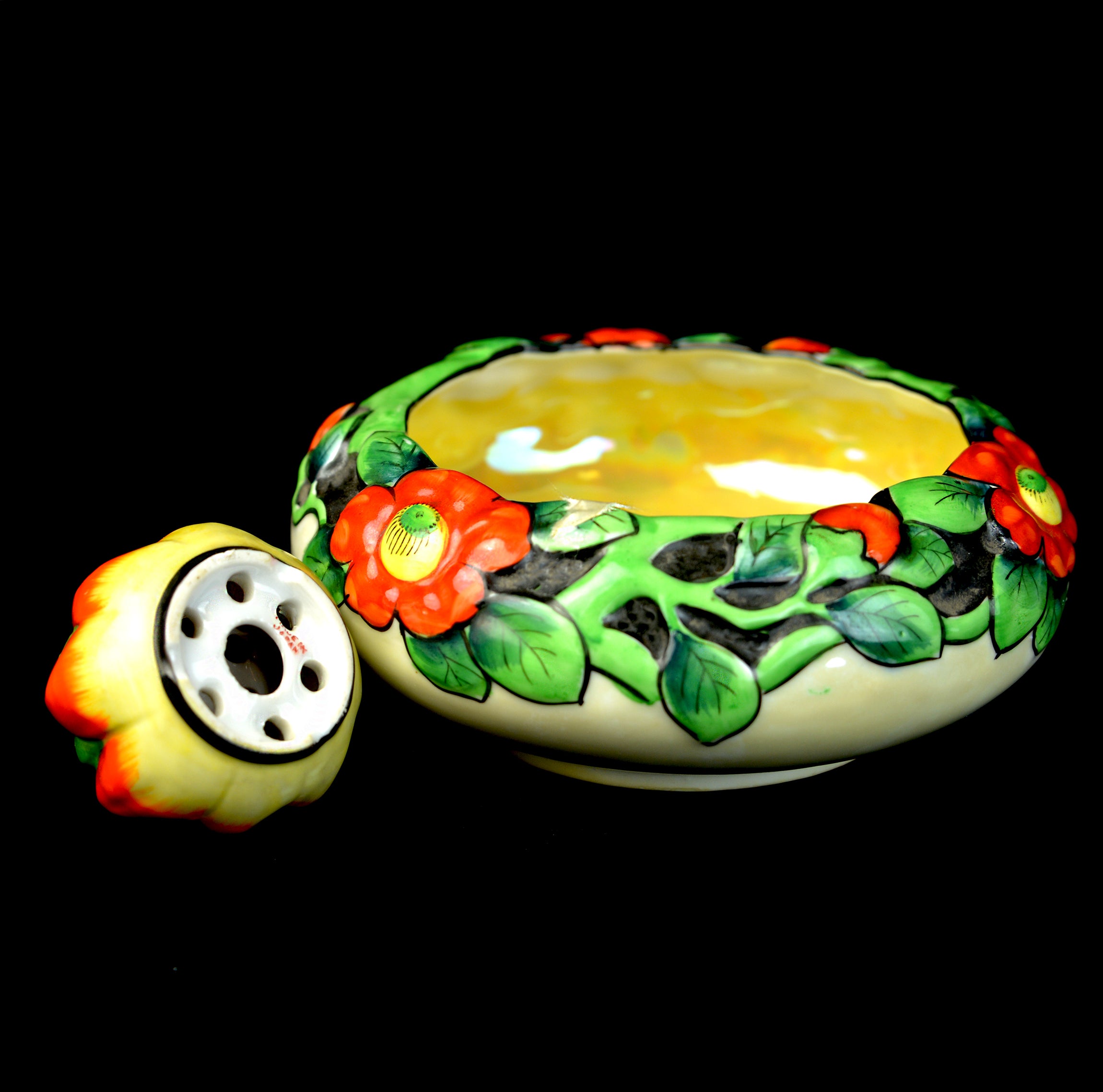Vintage c.1930 Japanese Art Deco Poppy Bowl & Flower Frog Hand-Painted with Gold Luster Interior