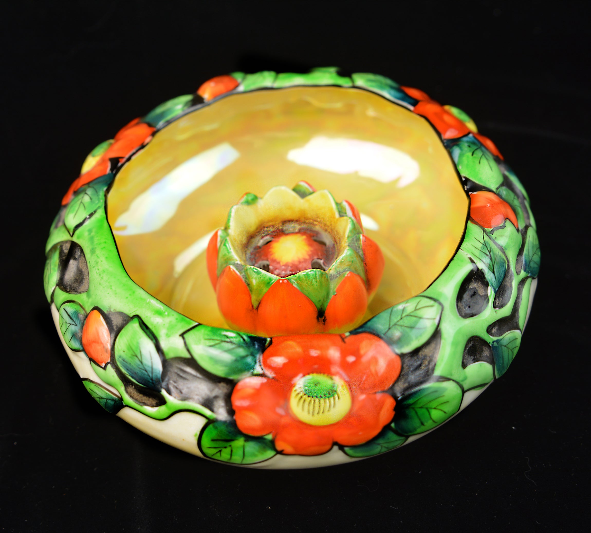 Vintage c.1930 Japanese Art Deco Poppy Bowl & Flower Frog Hand-Painted with Gold Luster Interior