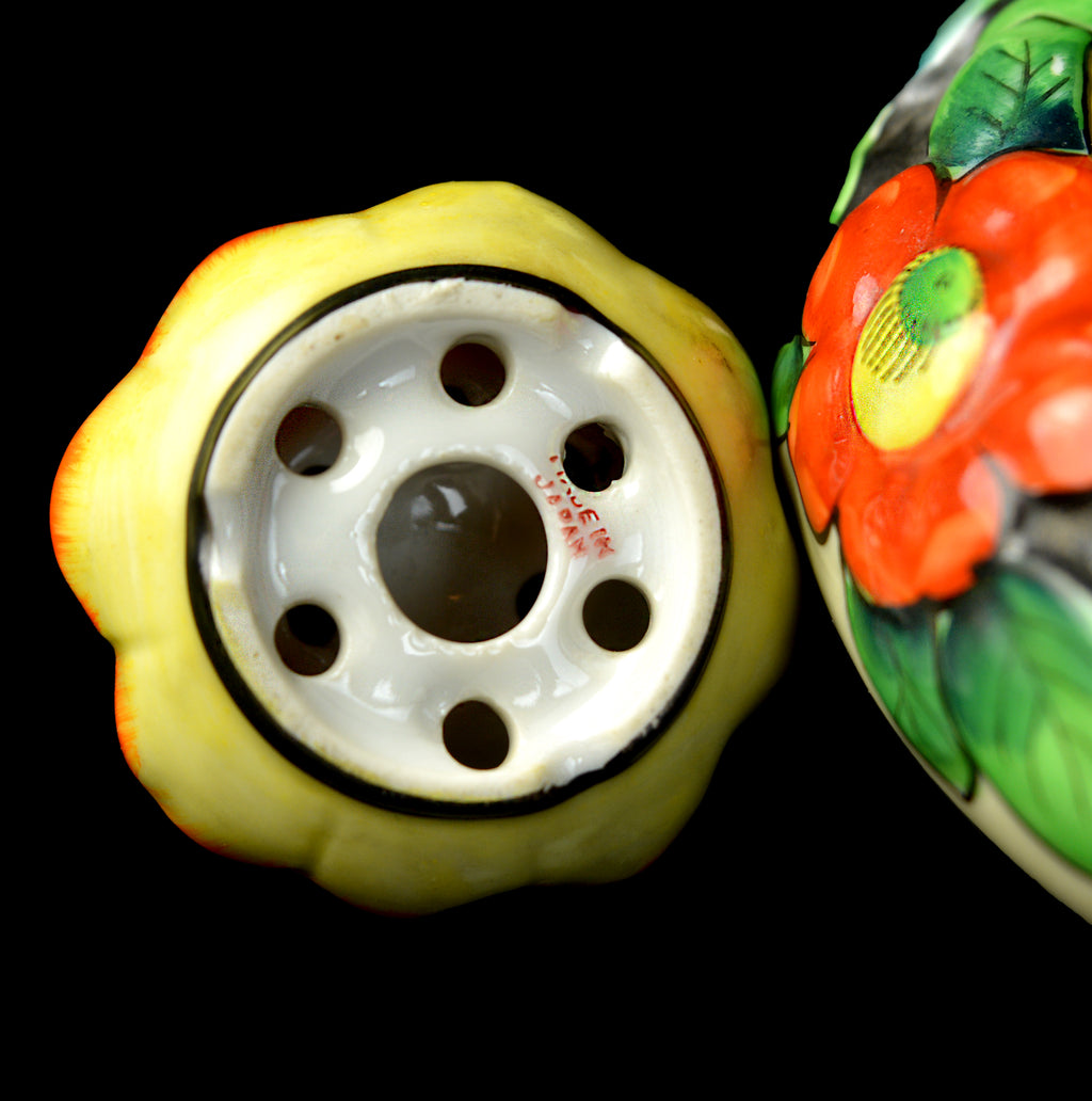 Vintage c.1930 Japanese Art Deco Poppy Bowl & Flower Frog Hand-Painted with Gold Luster Interior
