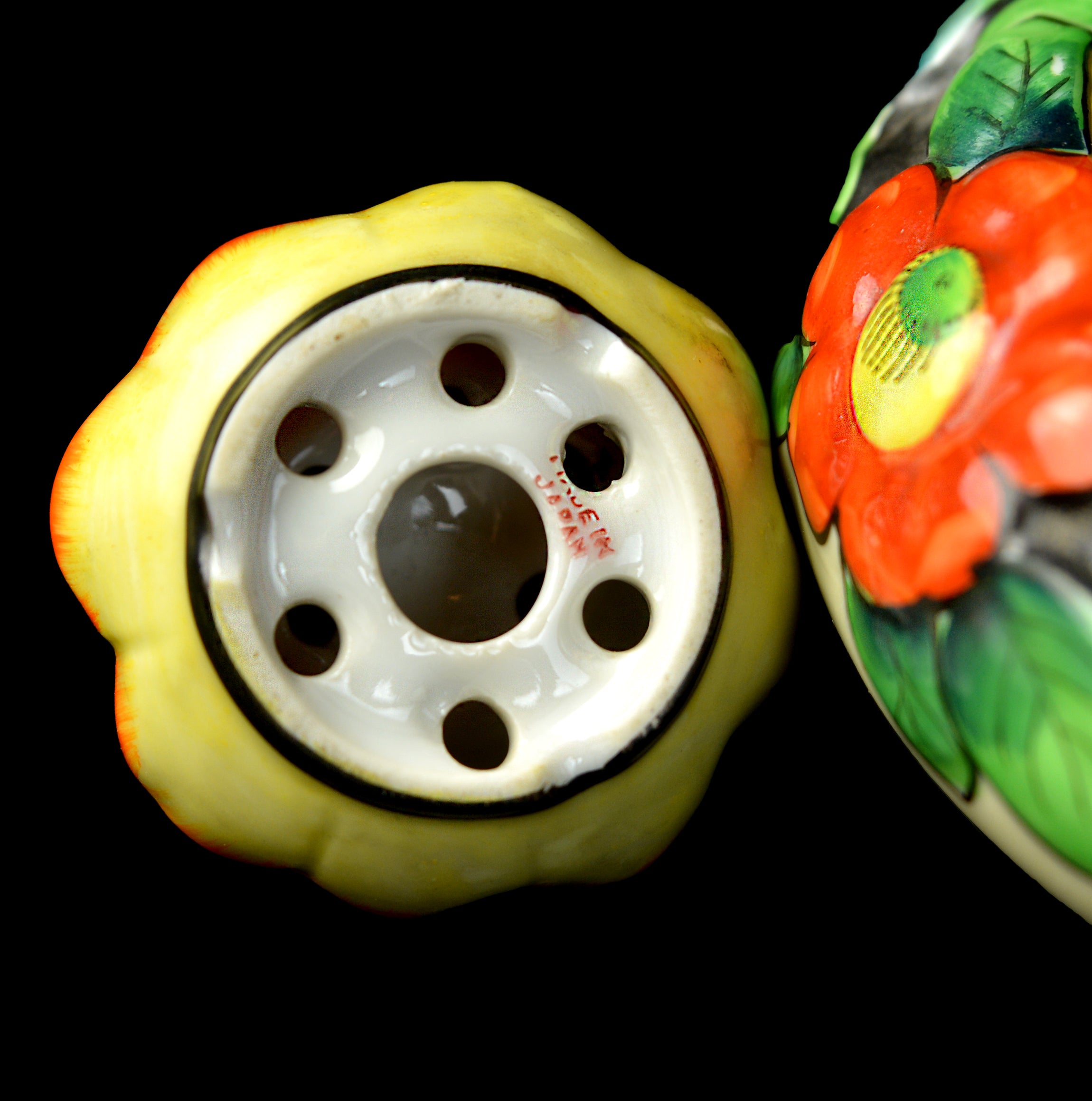 Vintage c.1930 Japanese Art Deco Poppy Bowl & Flower Frog Hand-Painted with Gold Luster Interior