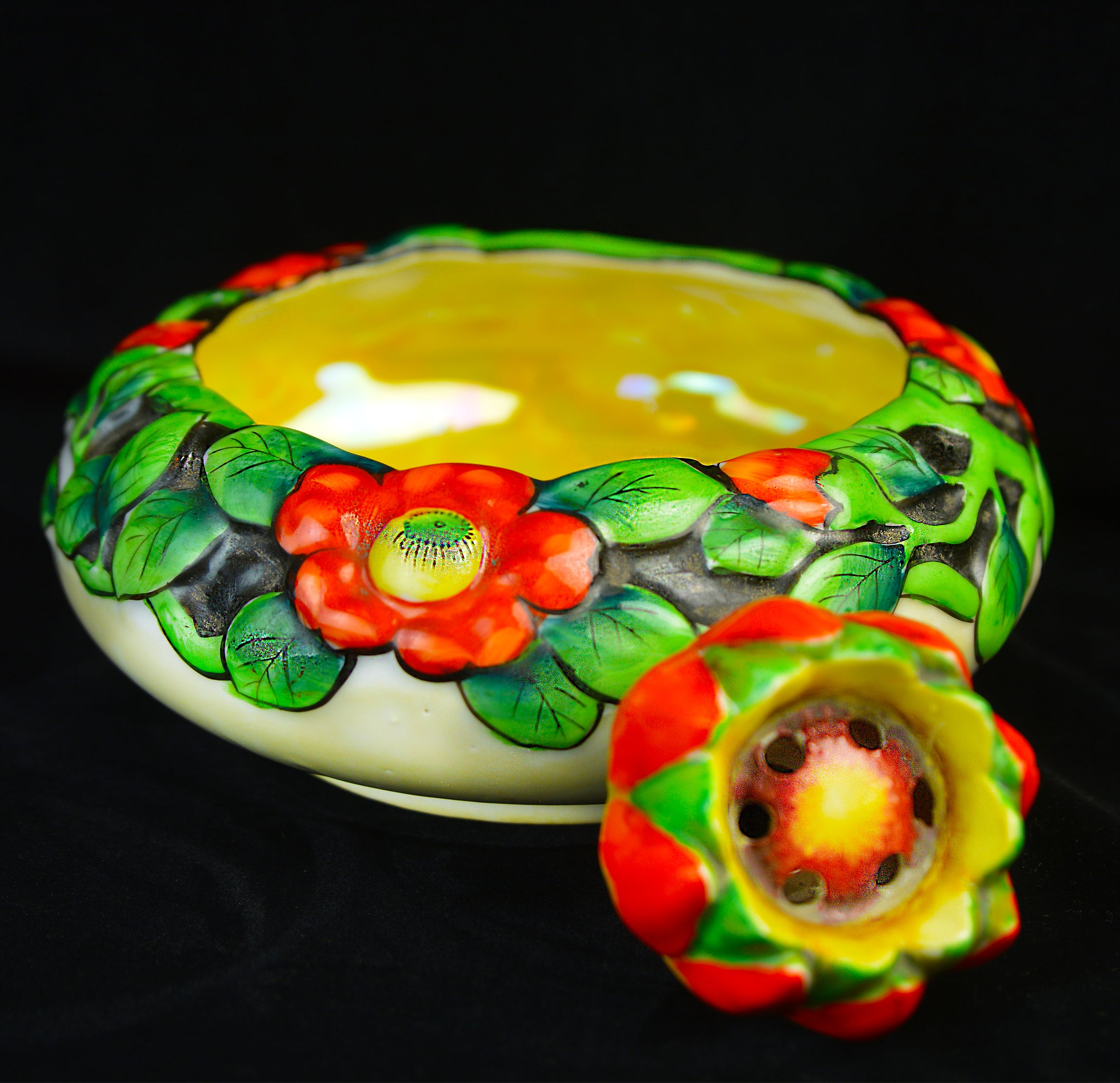 Vintage c.1930 Japanese Art Deco Poppy Bowl & Flower Frog Hand-Painted with Gold Luster Interior