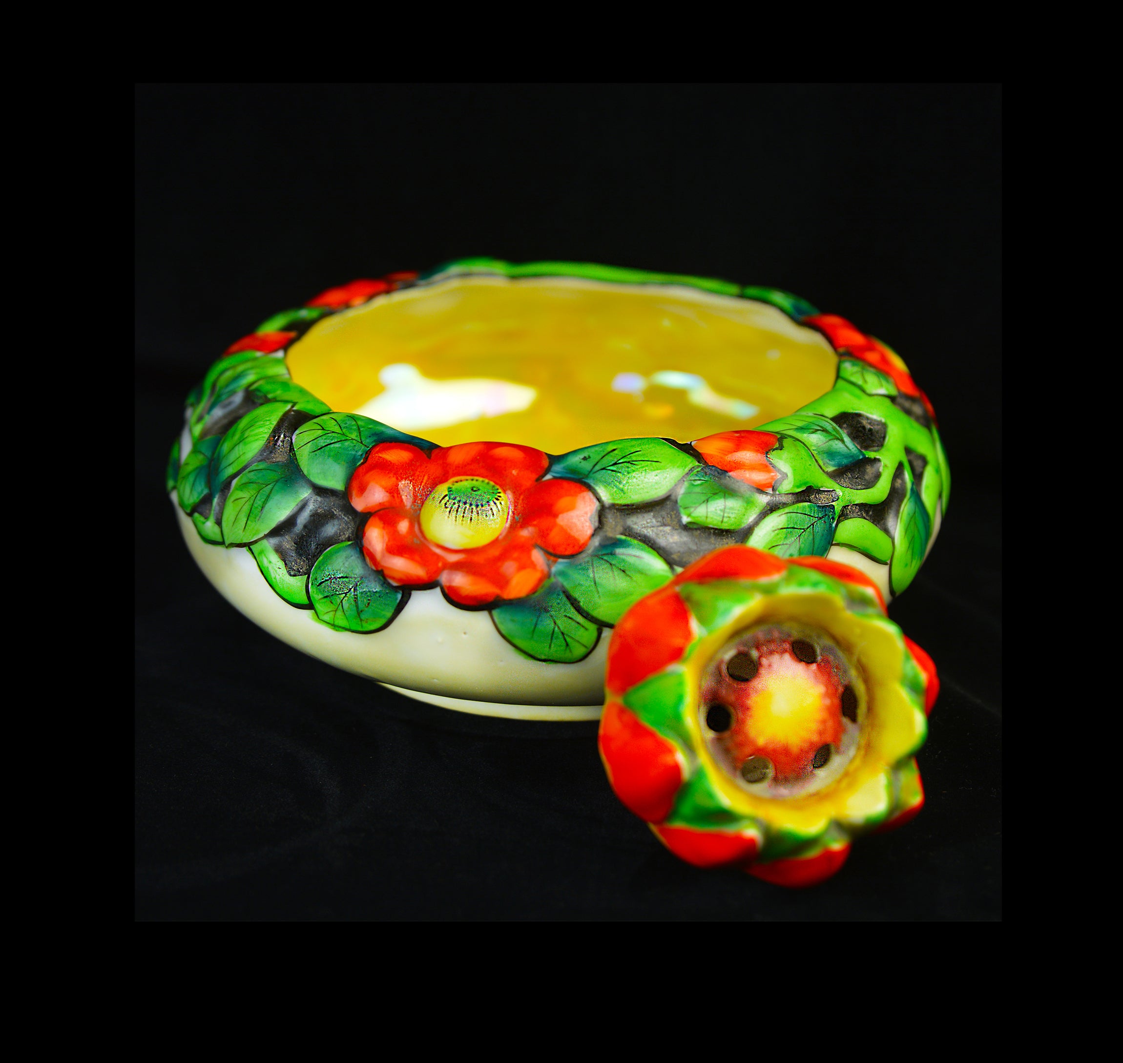 Vintage c.1930 Japanese Art Deco Poppy Bowl & Flower Frog Hand-Painted with Gold Luster Interior