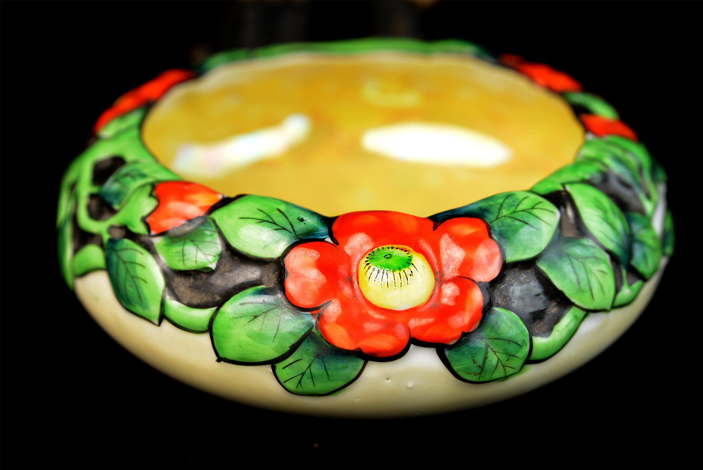 Vintage c.1930 Japanese Art Deco Poppy Bowl & Flower Frog Hand-Painted with Gold Luster Interior
