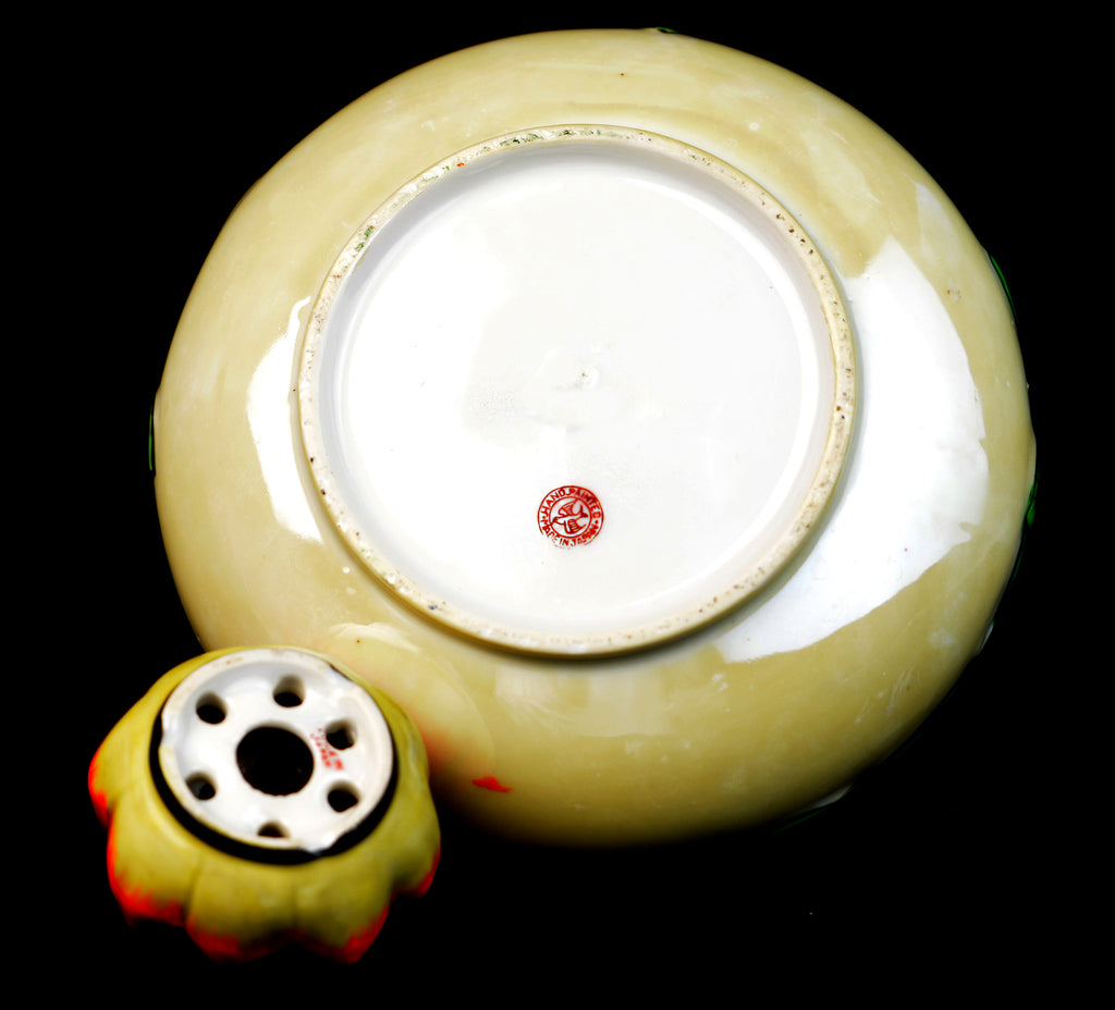 Vintage c.1930 Japanese Art Deco Poppy Bowl & Flower Frog Hand-Painted with Gold Luster Interior