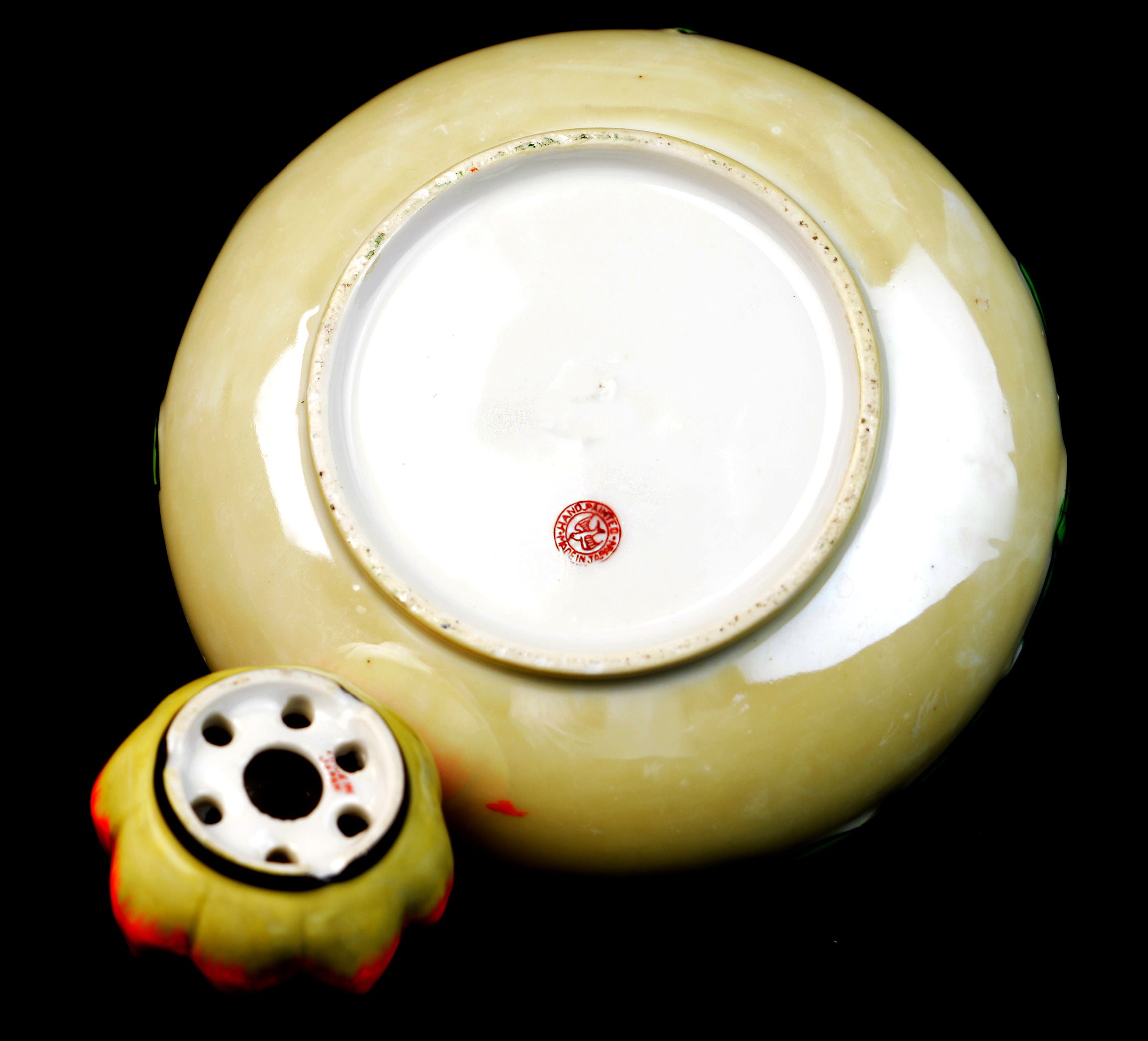 Vintage c.1930 Japanese Art Deco Poppy Bowl & Flower Frog Hand-Painted with Gold Luster Interior