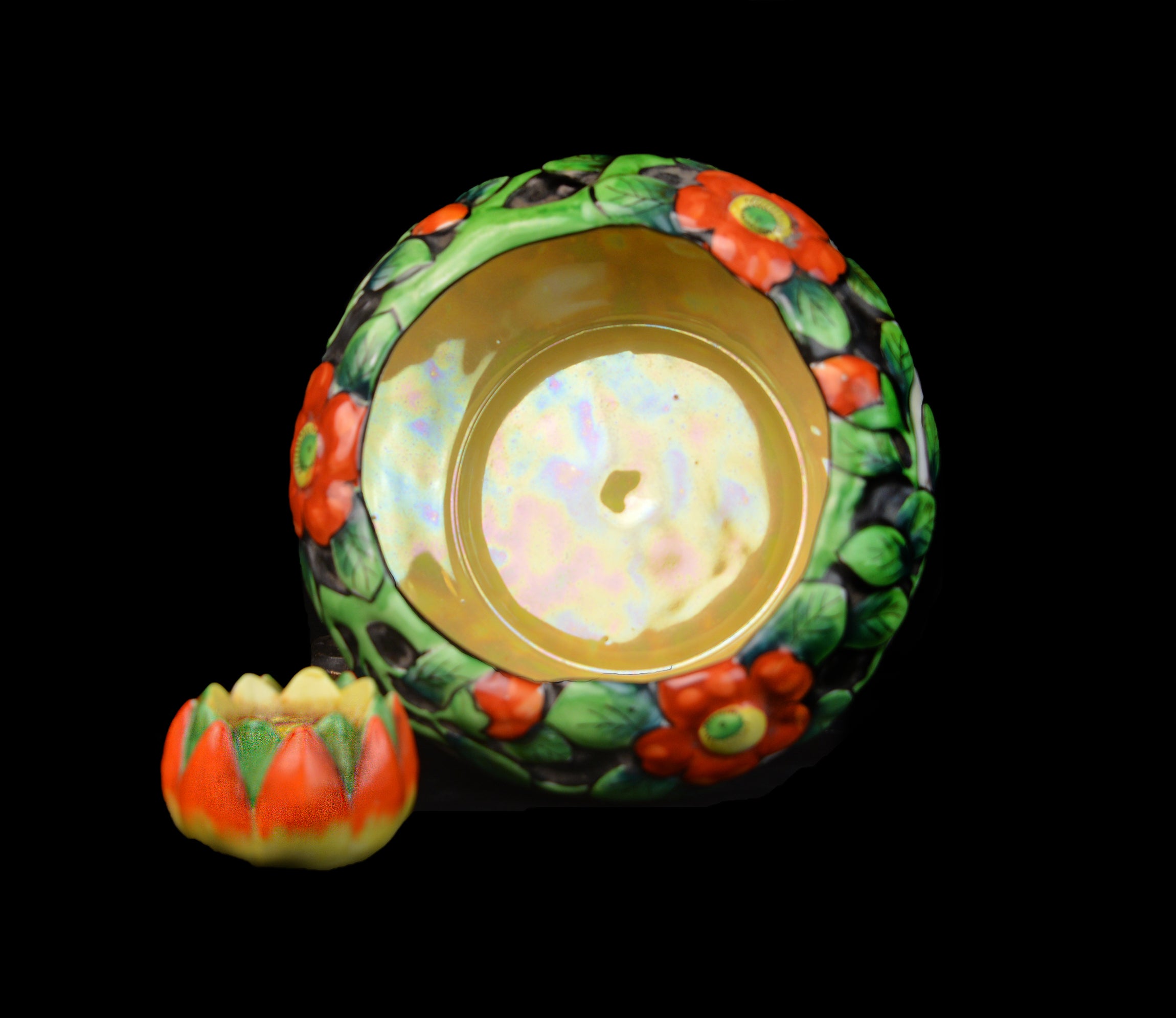 Vintage c.1930 Japanese Art Deco Poppy Bowl & Flower Frog Hand-Painted with Gold Luster Interior