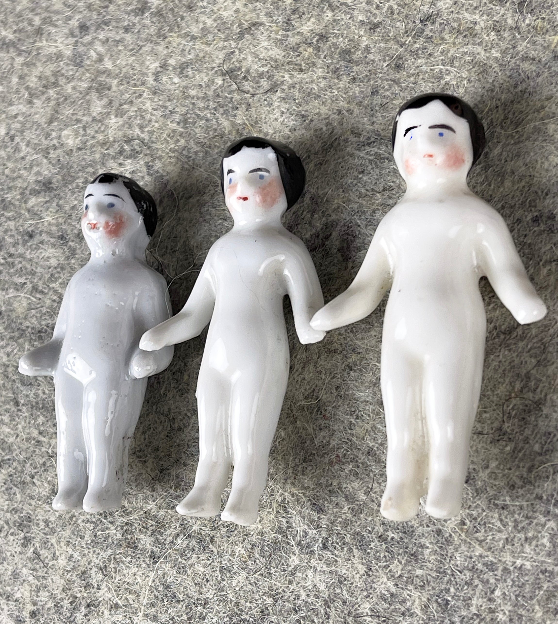 Scarce Victorian Dollhouse Dolls  c. 1880 Frozen Charlotte & Frozen Charlie Miniature Dolls, Set of Three As Seen in "Juicy History"