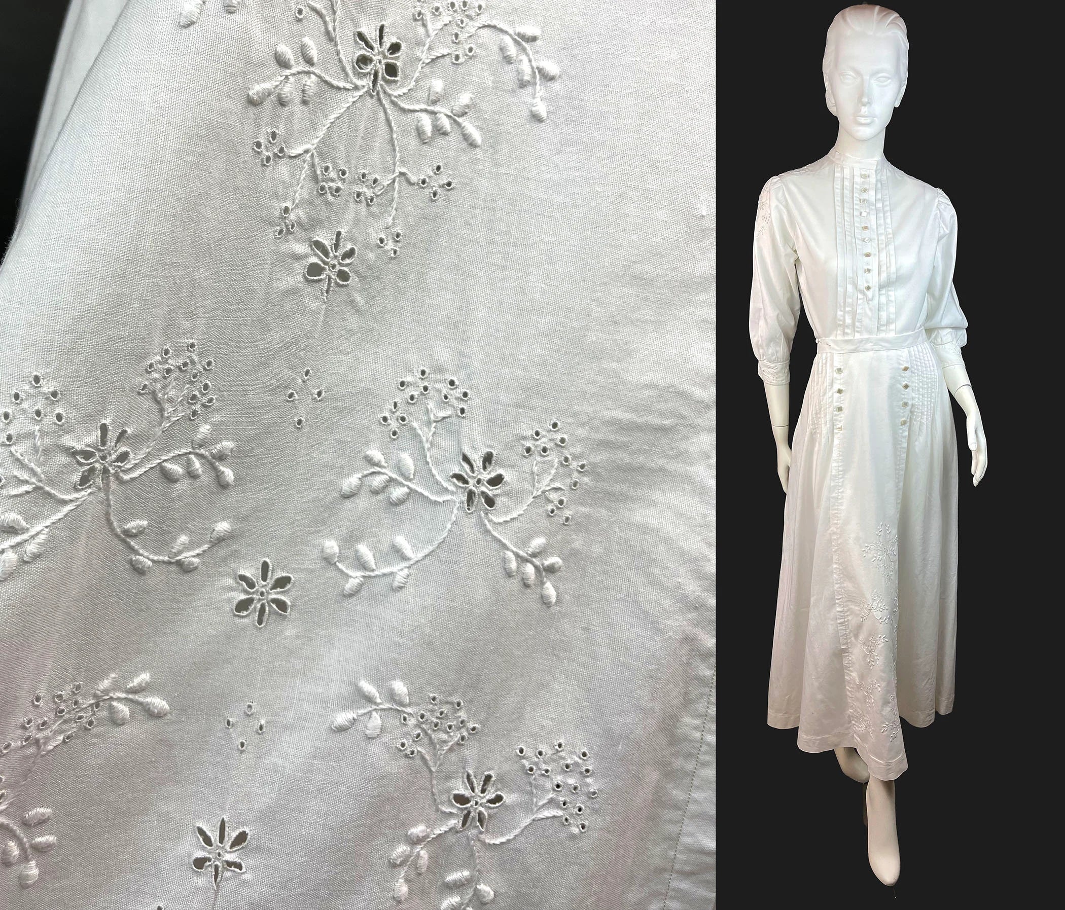 Antique Post-Edwardian Two-Piece Ensemble, Circa 1918 Hand-Embroidered Linen Shirtwaist and Skirt Couture Quality, Exceptional Condition