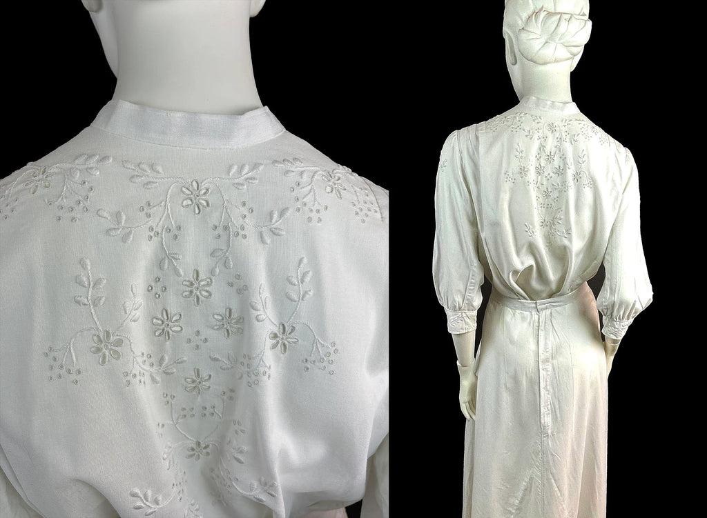 Antique Post-Edwardian Two-Piece Ensemble, Circa 1918 Hand-Embroidered Linen Shirtwaist and Skirt Couture Quality, Exceptional Condition