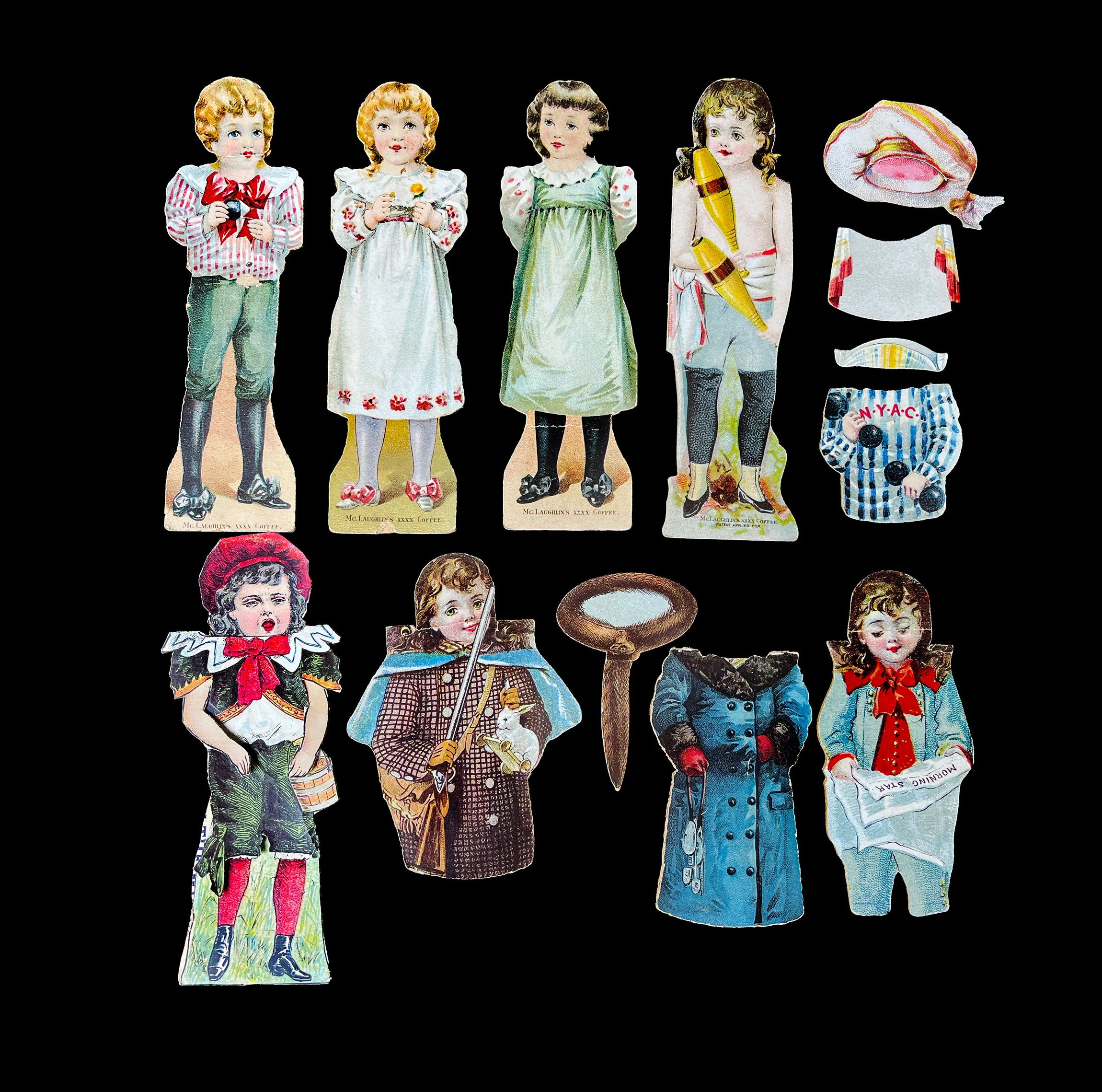 Rare Victorian Advertising Paper Dolls, McLaughlin Coffee & Hershey Chocolate, c. 1890 13-Piece Lithographed Child’s Play Set, Authentic Period Ephemera