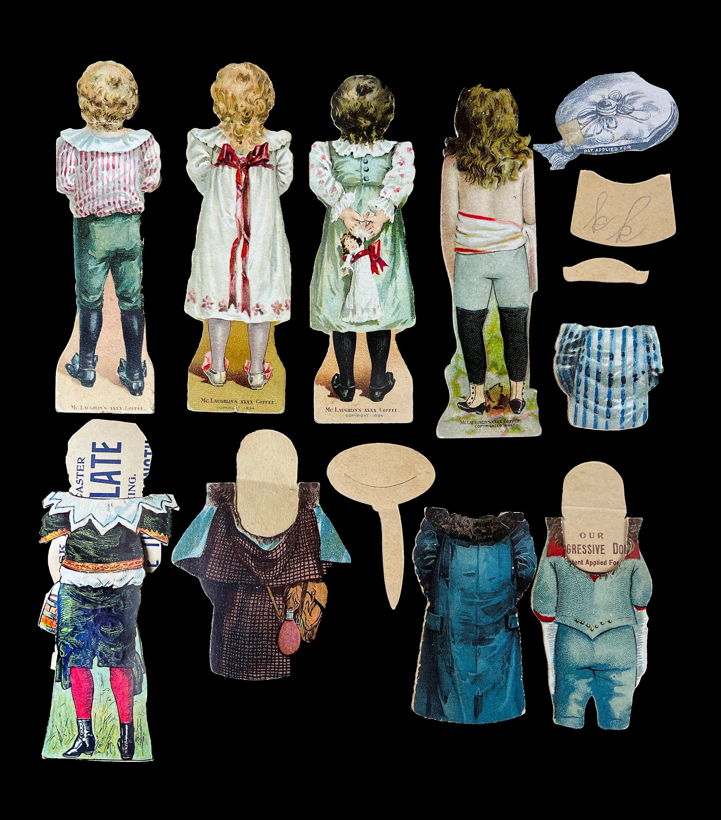 Rare Victorian Advertising Paper Dolls, McLaughlin Coffee & Hershey Chocolate, c. 1890 13-Piece Lithographed Child’s Play Set, Authentic Period Ephemera