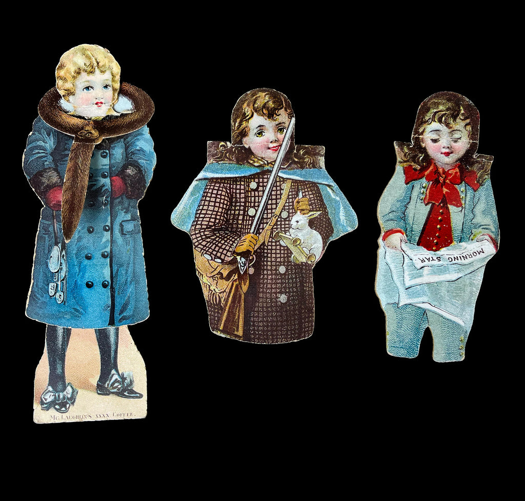 Rare Victorian Advertising Paper Dolls, McLaughlin Coffee & Hershey Chocolate, c. 1890 13-Piece Lithographed Child’s Play Set, Authentic Period Ephemera