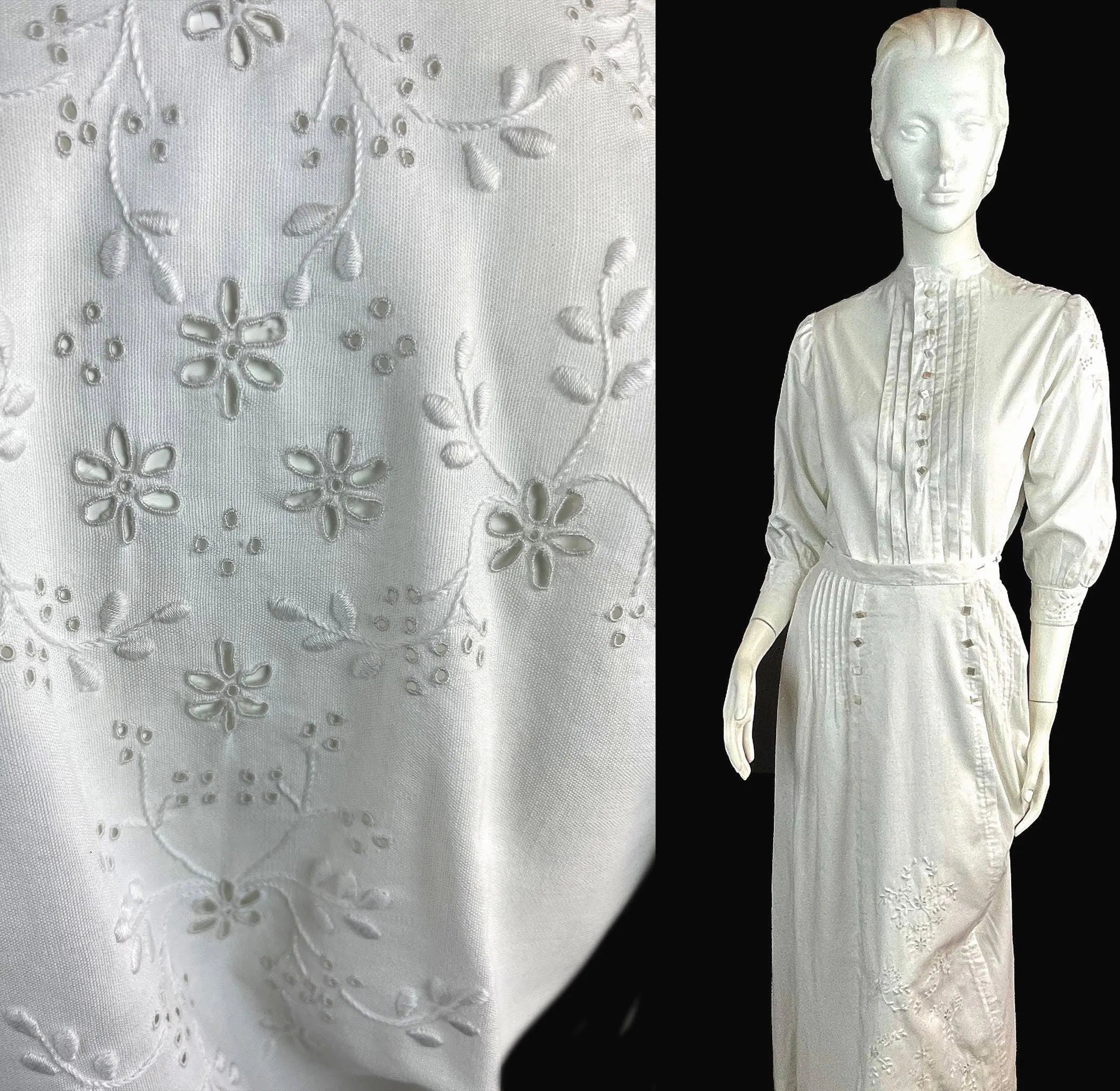 Antique Post-Edwardian Two-Piece Ensemble, Circa 1918 Hand-Embroidered Linen Shirtwaist and Skirt Couture Quality, Exceptional Condition