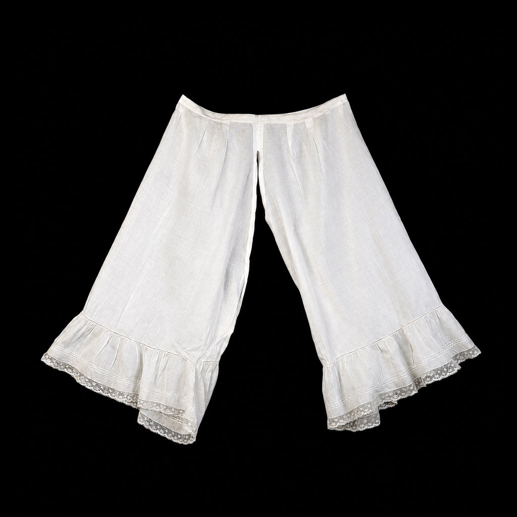 Authentic c. 1860 Hand-Sewn Linen Split Drawers (Antique Underwear) with Handmade Silk Lace, *Free Shipping