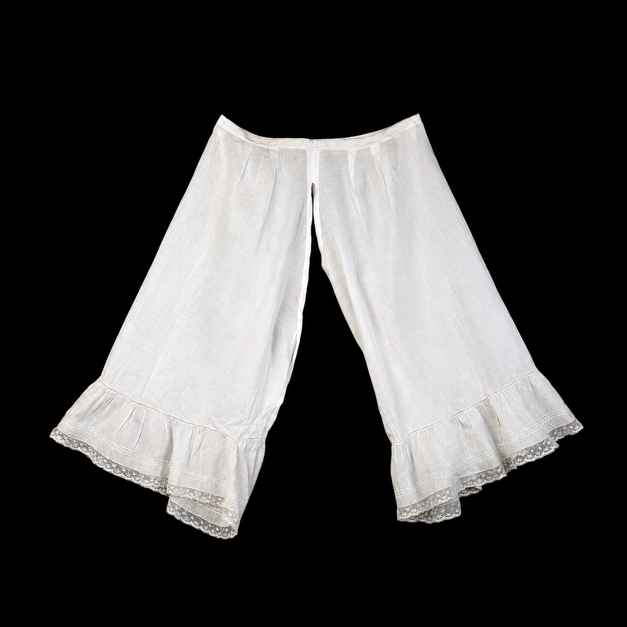 Authentic c. 1860 Hand-Sewn Linen Split Drawers (Antique Underwear) with Handmade Silk Lace, *Free Shipping